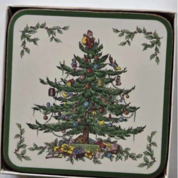 Spode Christmas Tree Coasters Drink Cork Back Pimpernel England Set 6 Boxed - Picture 2 of 5